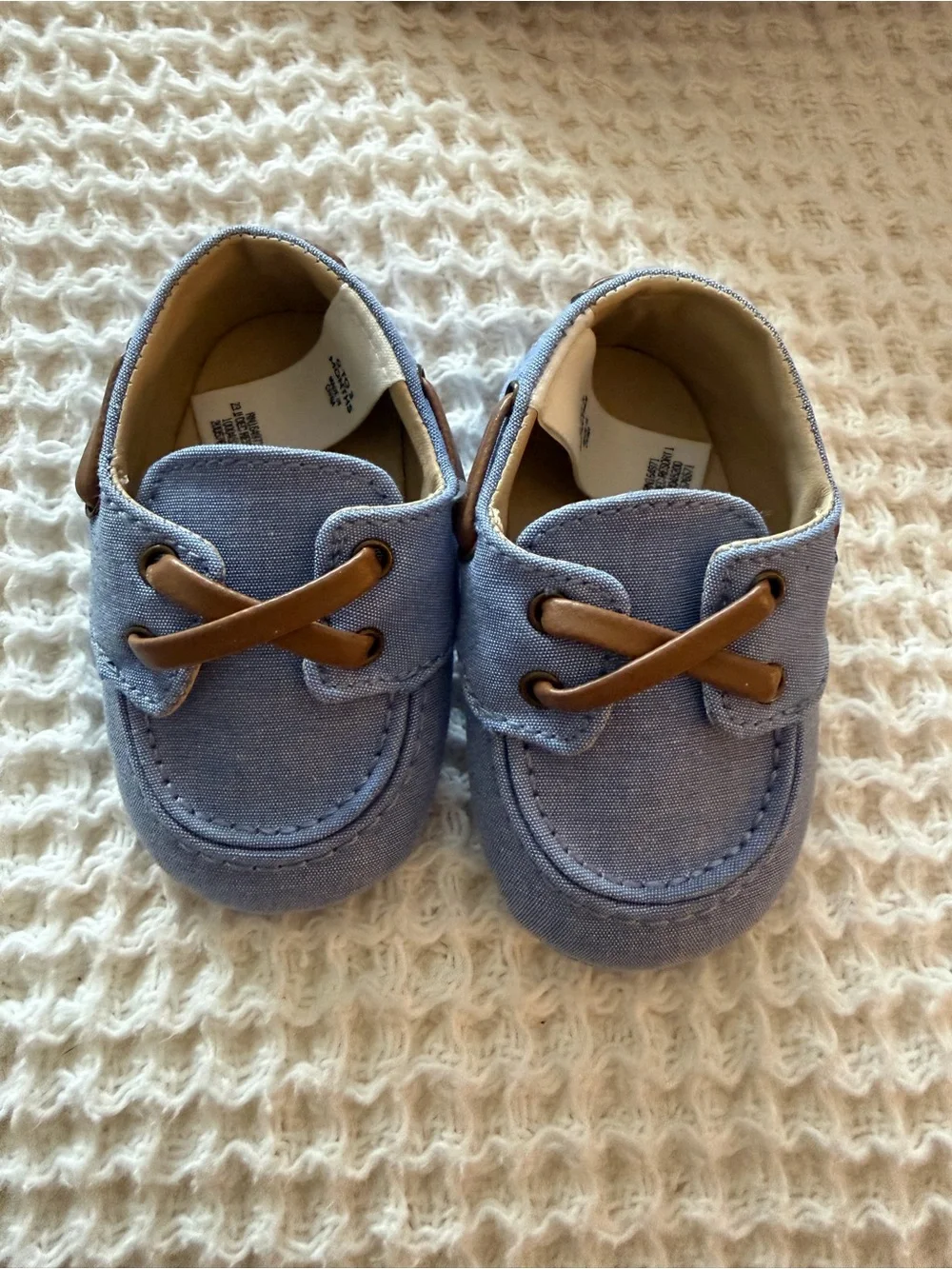 Janie and Jack Light Blue Canvas Baby Moccasins with Brown Accent